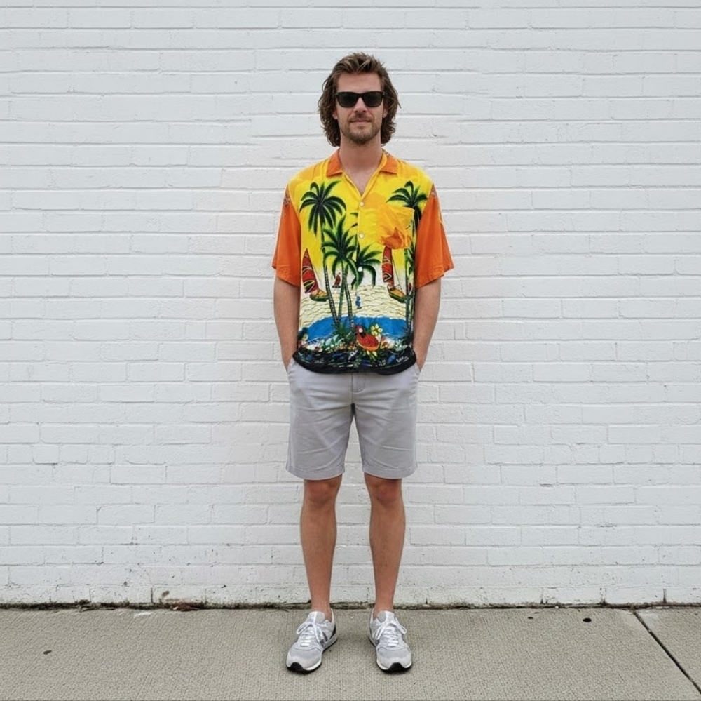 Vintage Hawaii Orange Aloha Shirt Mens Size XL Tropical Beach Sunset Ukulele 90s